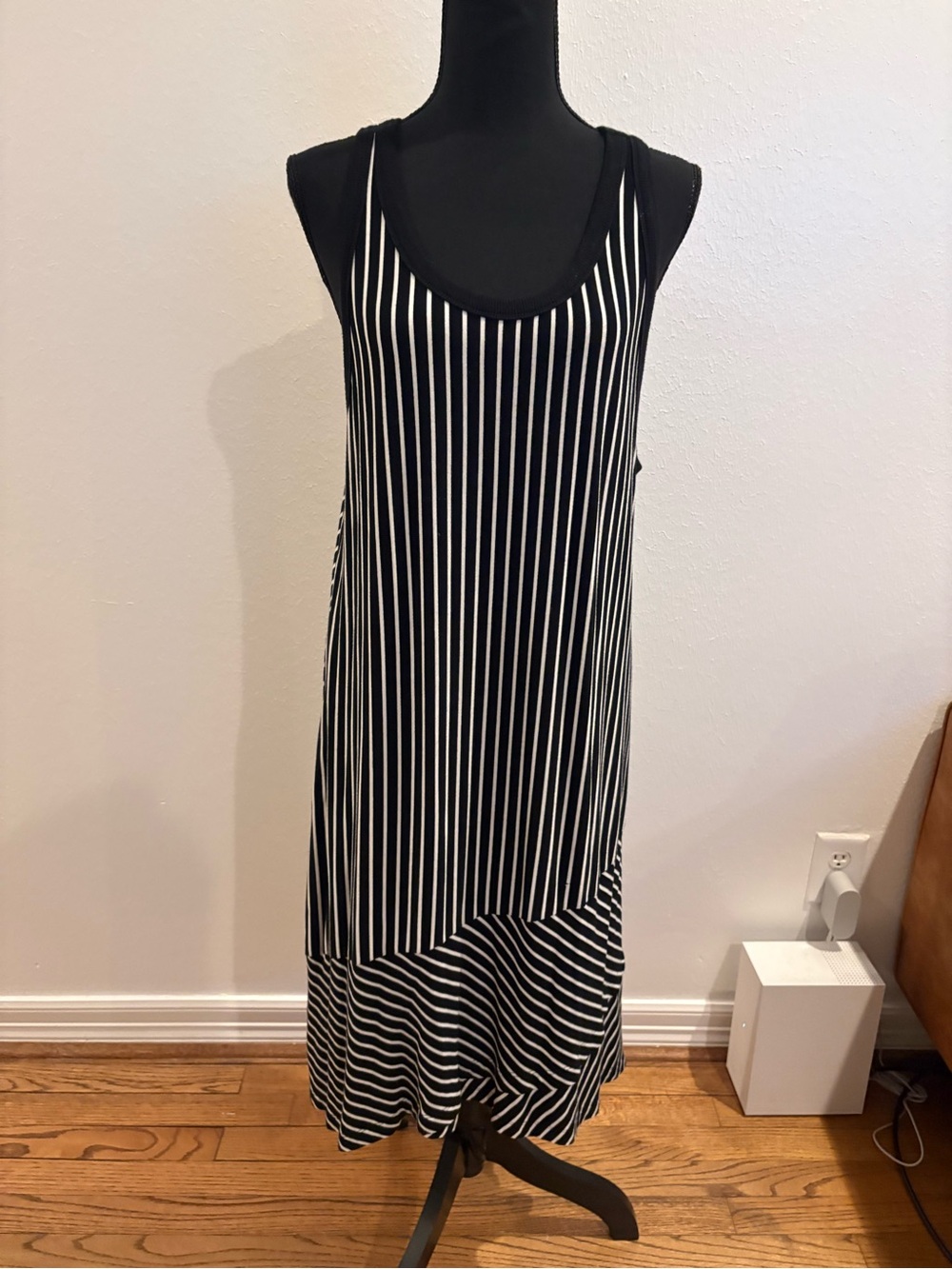CAbi Black & White Vertical Stripe Midi Dress